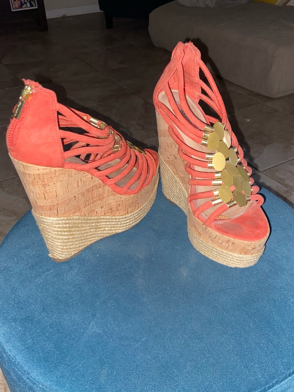 H by Halston Coral Strappy Cork Espadrille Wedge Sandals with Gold Discs